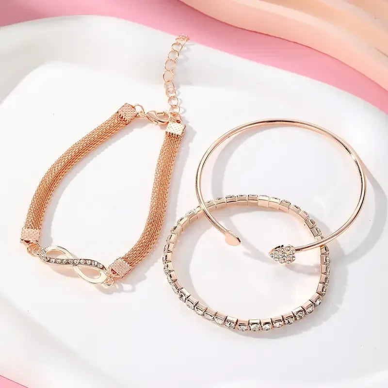 Bracelets Cœur Strass Vintage – Set 3 Pièces Ajustable Femme