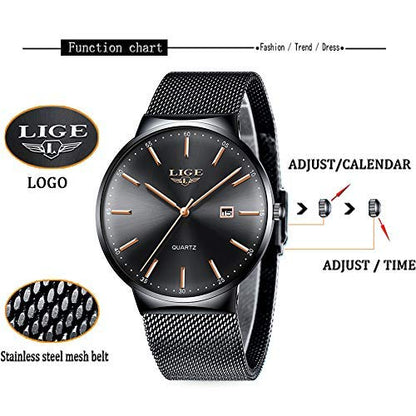 Montre Homme LIGE – Quartz Étanche 3ATM | Acier Inoxydable & Calendrier