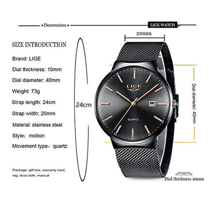 Montre Homme LIGE – Quartz Étanche 3ATM | Acier Inoxydable & Calendrier