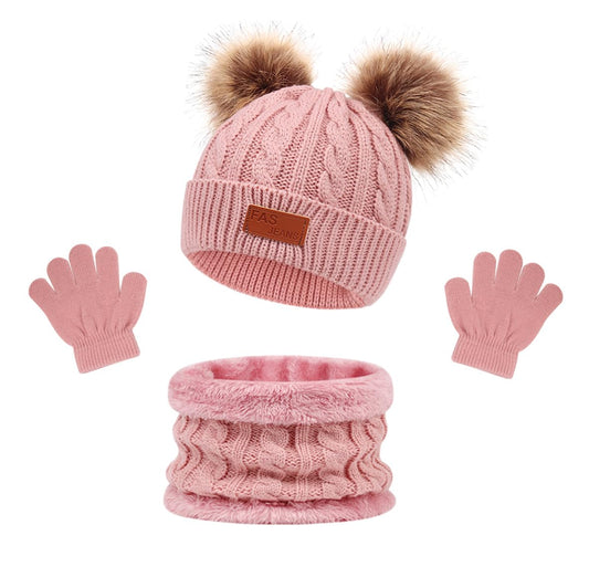 3 in 1 Winter Hat and Scarf Gloves Set, Knitted Warm Neck Warmer with Lining, Children's Winter Hat with Pompom, Winter Set for Girls and Boys 2-6 Years