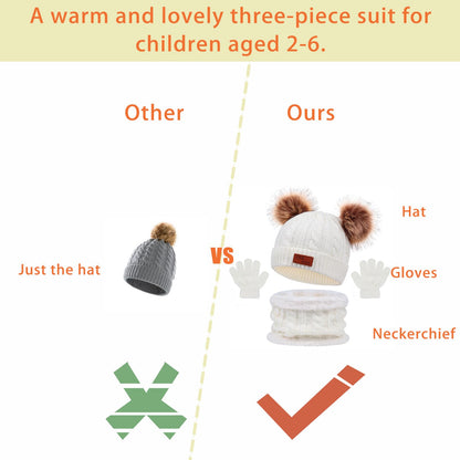 3 in 1 Winter Hat and Scarf Gloves Set, Knitted Warm Neck Warmer with Lining, Children's Winter Hat with Pompom, Winter Set for Girls and Boys 2-6 Years