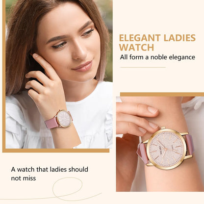 Montre Femme Élégante O – Bracelet en Cuir & Cadran Étoilé Quartz