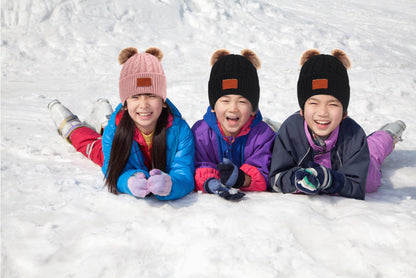 3 in 1 Winter Hat and Scarf Gloves Set, Knitted Warm Neck Warmer with Lining, Children's Winter Hat with Pompom, Winter Set for Girls and Boys 2-6 Years