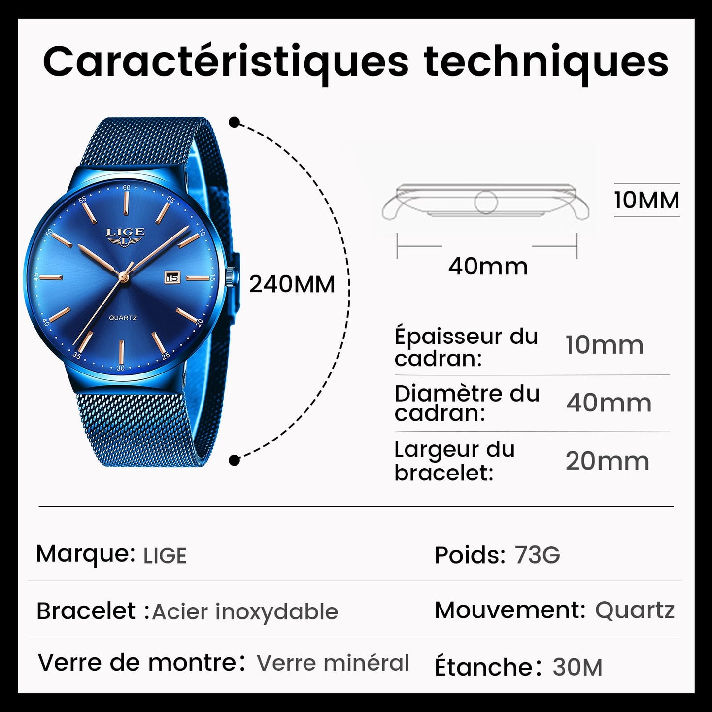 Montre Homme LIGE – Quartz Étanche 3ATM | Acier Inoxydable & Calendrier