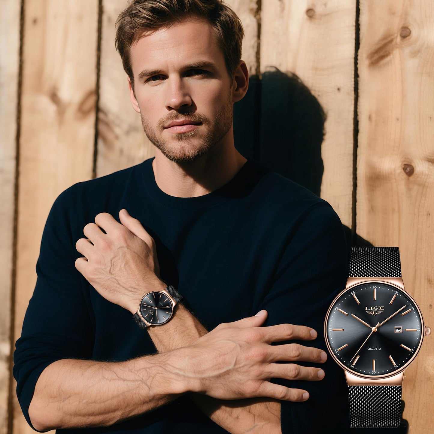 Montre Homme LIGE – Quartz Étanche 3ATM | Acier Inoxydable & Calendrier