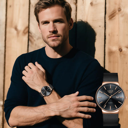 Montre Homme LIGE – Quartz Étanche 3ATM | Acier Inoxydable & Calendrier