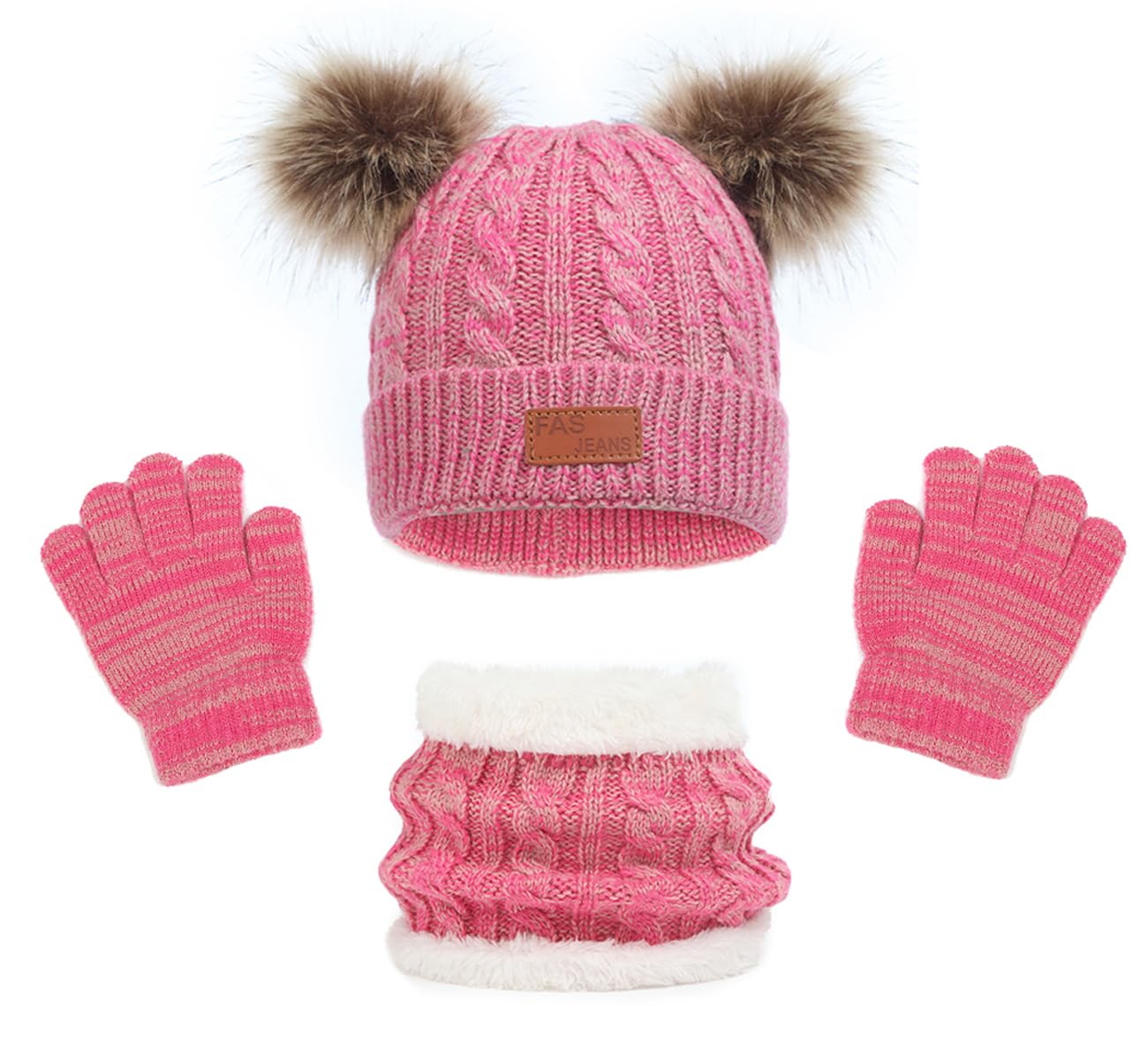 3 in 1 Winter Hat and Scarf Gloves Set, Knitted Warm Neck Warmer with Lining, Children's Winter Hat with Pompom, Winter Set for Girls and Boys 2-6 Years
