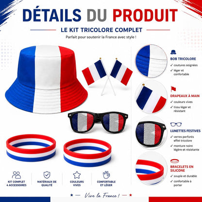 Kit Supporter France – Set 6 Pièces : 1 Bob + 2 Bracelets Drapeau Français Lunette