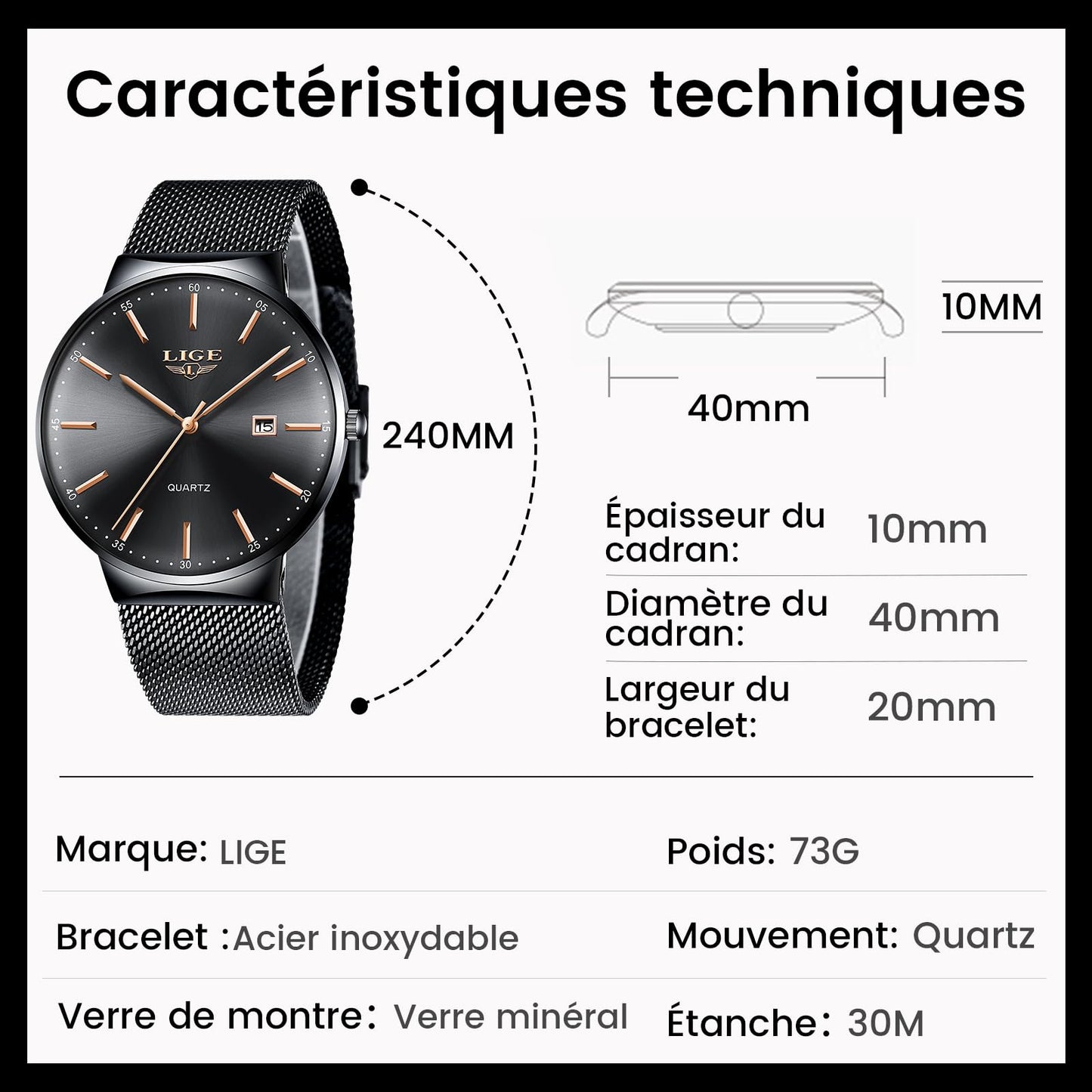 Montre Homme LIGE – Quartz Étanche 3ATM | Acier Inoxydable & Calendrier