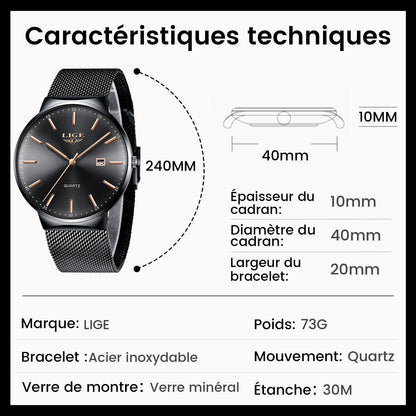 Montre Homme LIGE – Quartz Étanche 3ATM | Acier Inoxydable & Calendrier