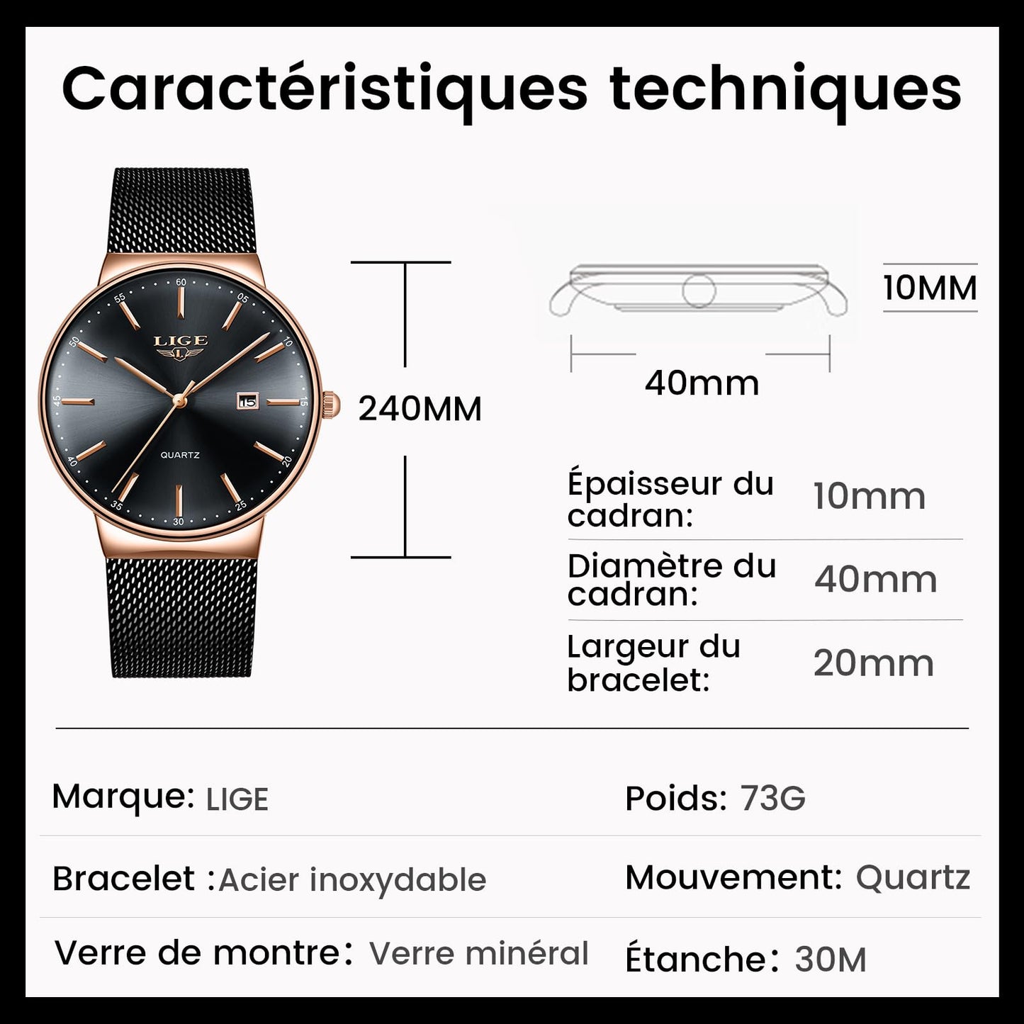 Montre Homme LIGE – Quartz Étanche 3ATM | Acier Inoxydable & Calendrier