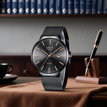 Montre Homme LIGE – Quartz Étanche 3ATM | Acier Inoxydable & Calendrier