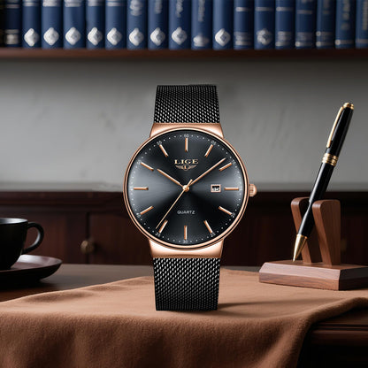 Montre Homme LIGE – Quartz Étanche 3ATM | Acier Inoxydable & Calendrier