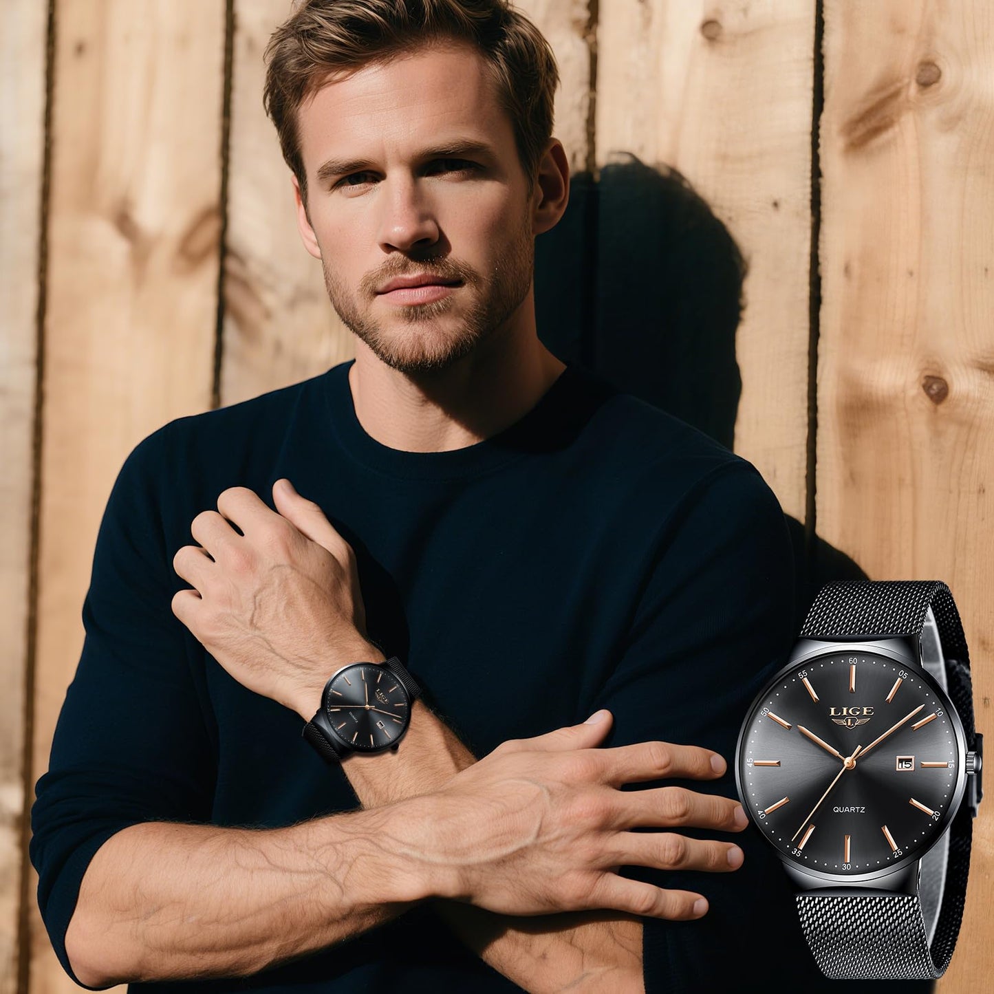 Montre Homme LIGE – Quartz Étanche 3ATM | Acier Inoxydable & Calendrier