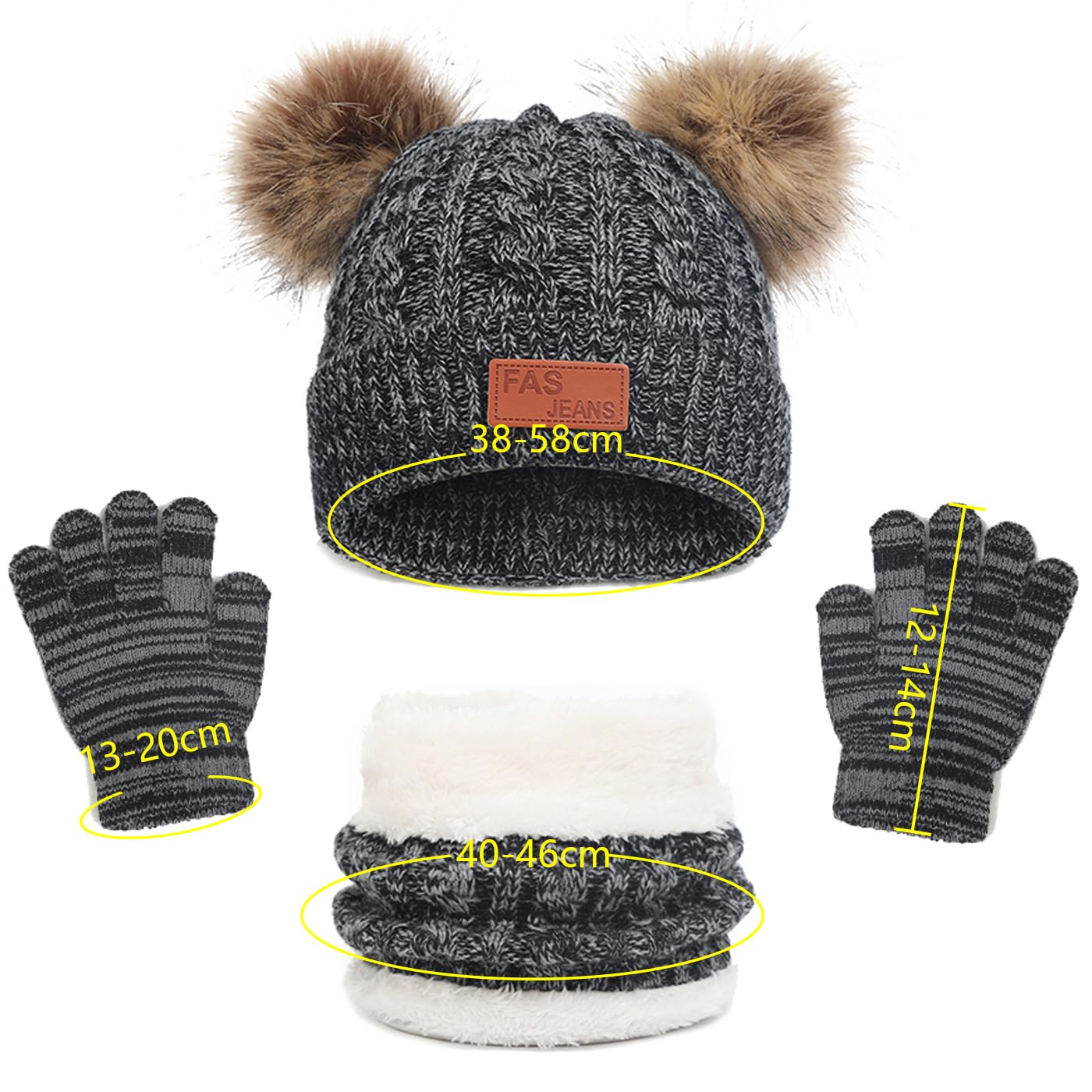 3 in 1 Winter Hat and Scarf Gloves Set, Knitted Warm Neck Warmer with Lining, Children's Winter Hat with Pompom, Winter Set for Girls and Boys 2-6 Years