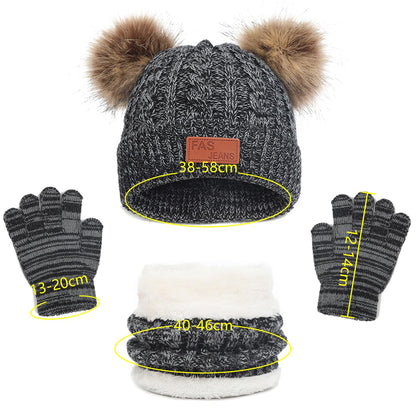 3 in 1 Winter Hat and Scarf Gloves Set, Knitted Warm Neck Warmer with Lining, Children's Winter Hat with Pompom, Winter Set for Girls and Boys 2-6 Years