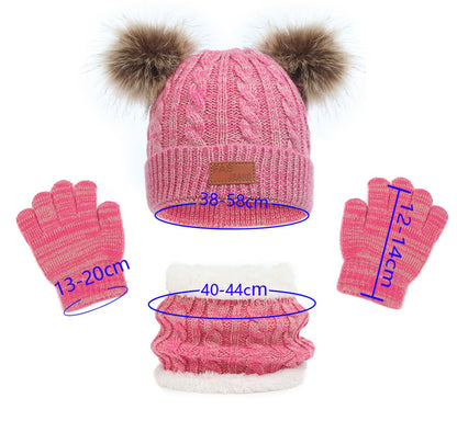 3 in 1 Winter Hat and Scarf Gloves Set, Knitted Warm Neck Warmer with Lining, Children's Winter Hat with Pompom, Winter Set for Girls and Boys 2-6 Years