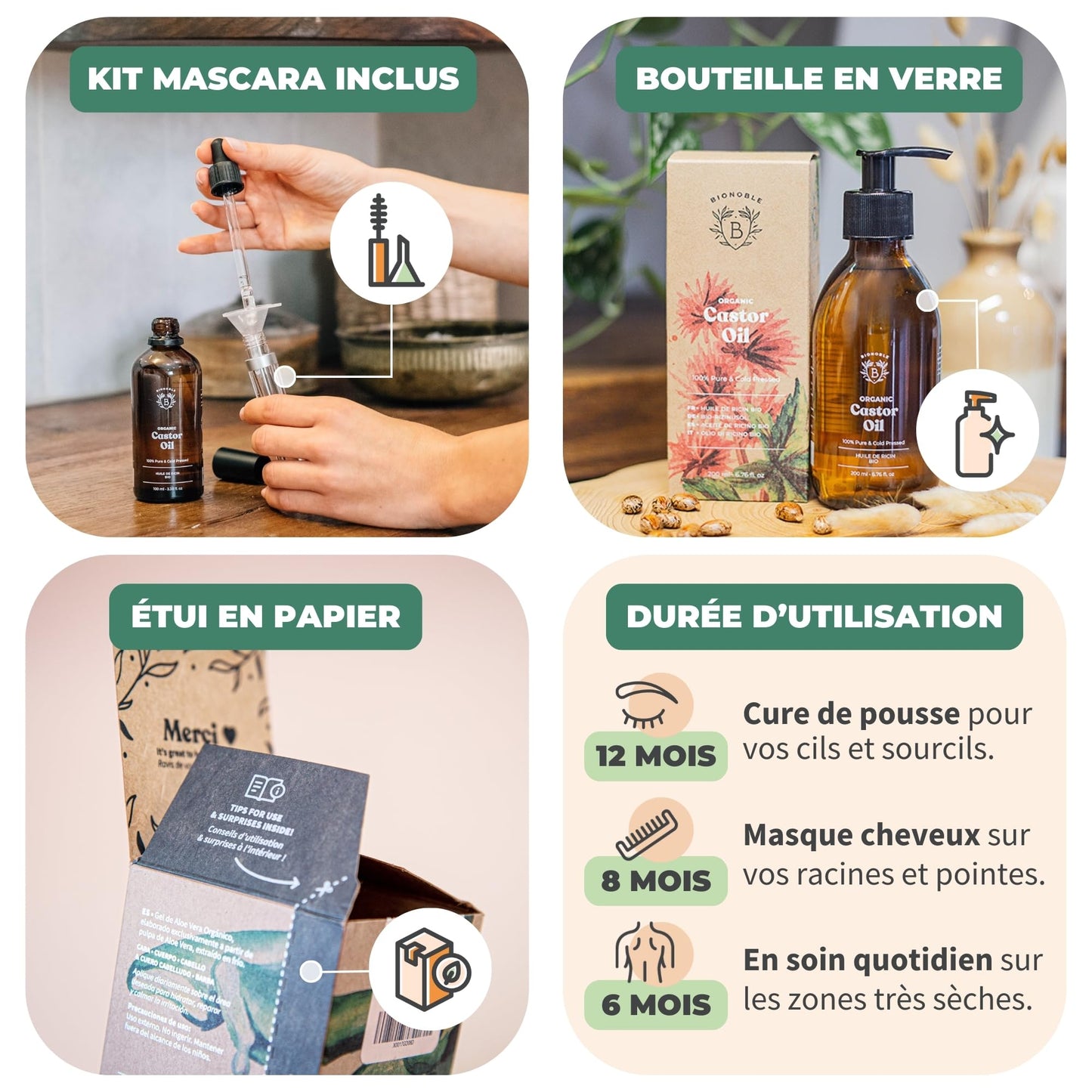 Huile de Ricin Bio – Pousse Cheveux, Cils & Barbe | 100ml Bionoble