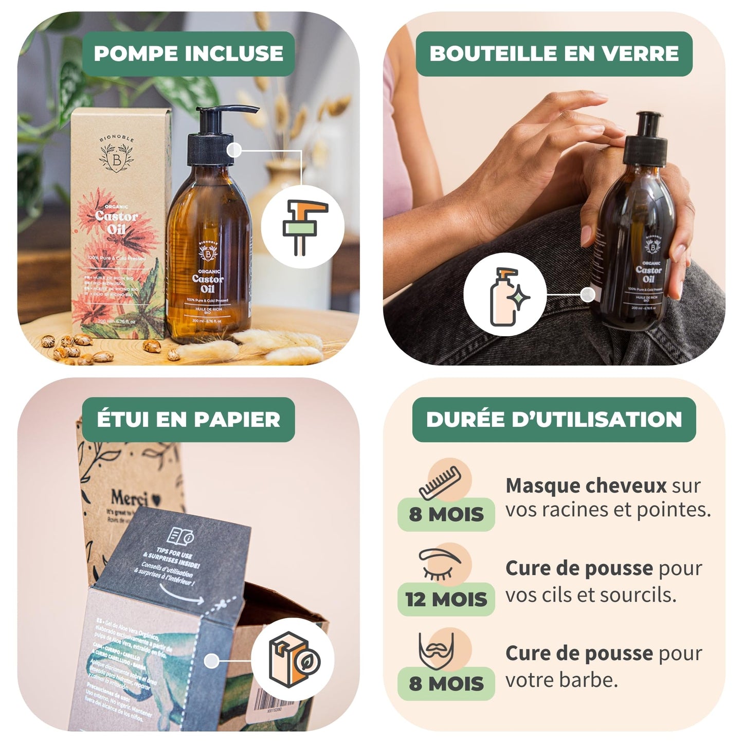 Huile de Ricin Bio – Pousse Cheveux, Cils & Barbe | 100ml Bionoble