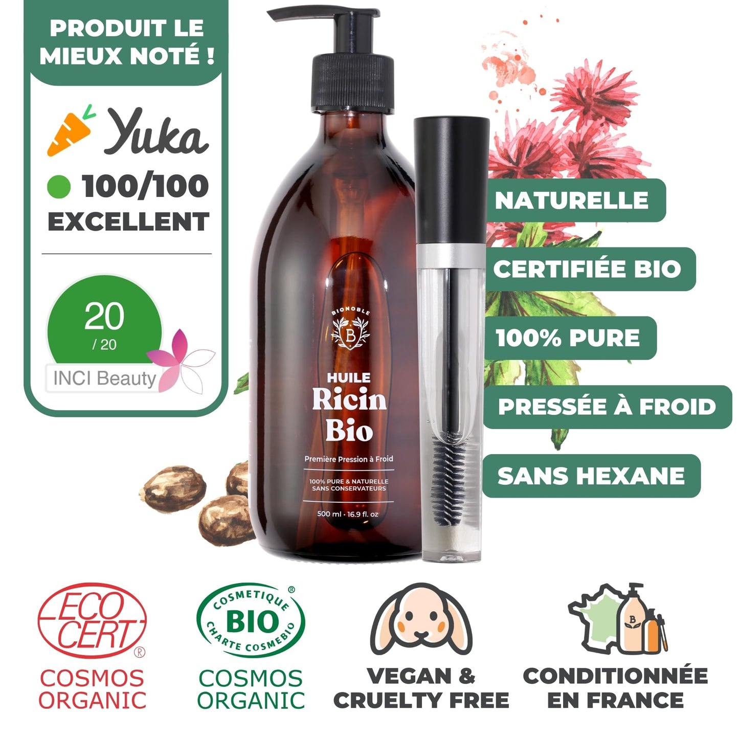 Huile de Ricin Bio – Pousse Cheveux, Cils & Barbe | 100ml Bionoble