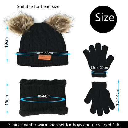 3 in 1 Winter Hat and Scarf Gloves Set, Knitted Warm Neck Warmer with Lining, Children's Winter Hat with Pompom, Winter Set for Girls and Boys 2-6 Years