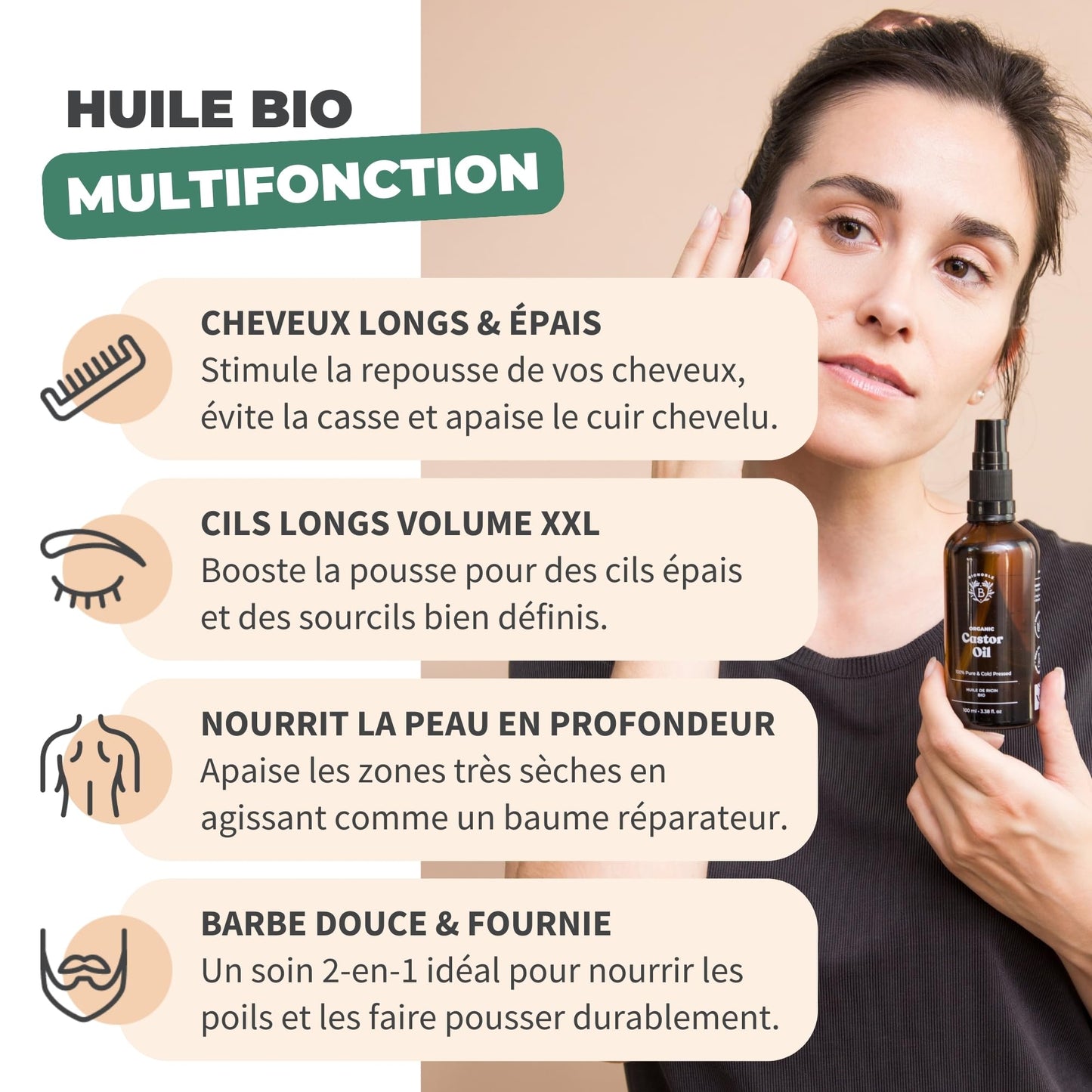 Huile de Ricin Bio – Pousse Cheveux, Cils & Barbe | 100ml Bionoble
