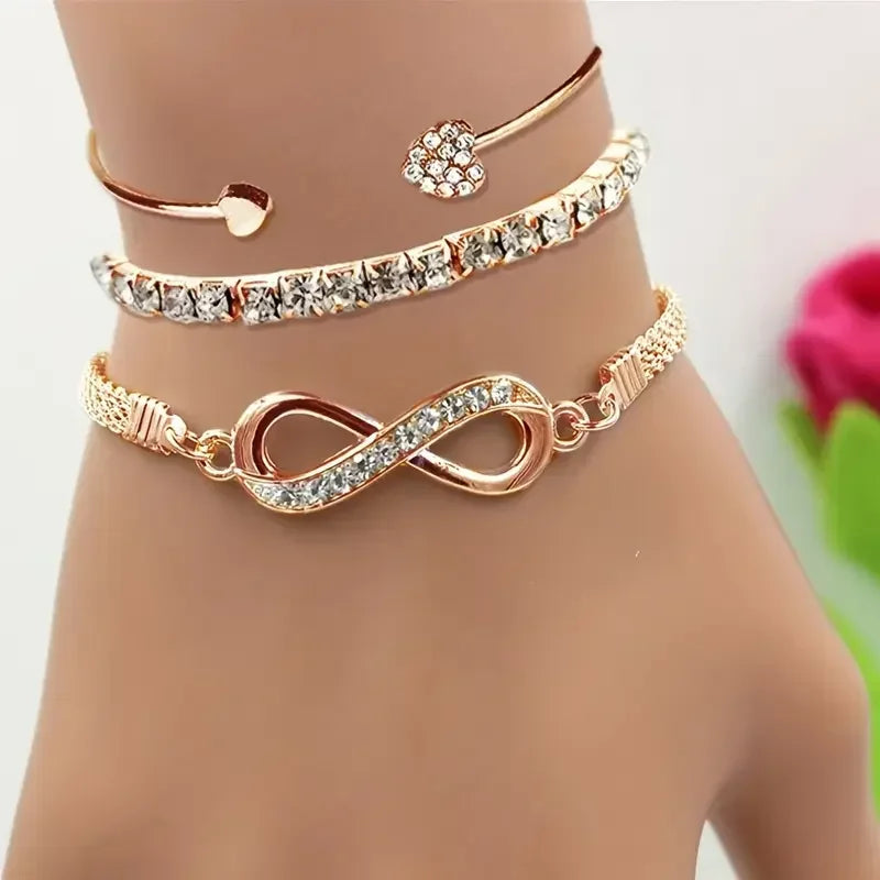 Bracelets Cœur Strass Vintage – Set 3 Pièces Ajustable Femme