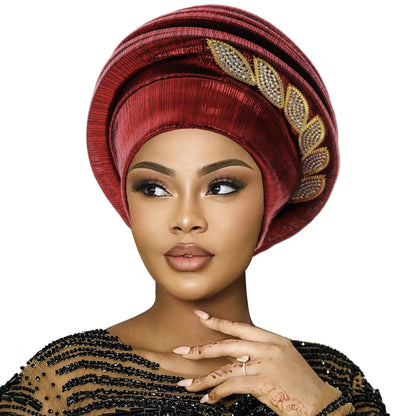 African Gele Turban – Leaves Diamond Headwrap 2026