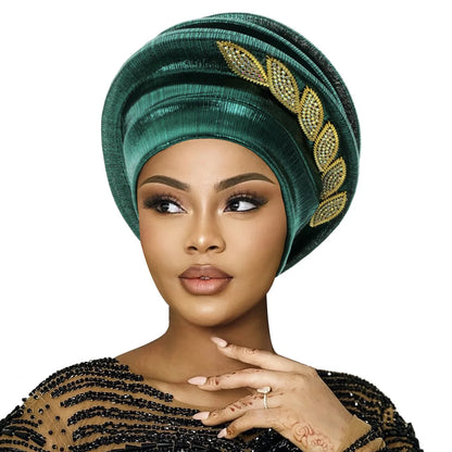 African Gele Turban – Leaves Diamond Headwrap 2026
