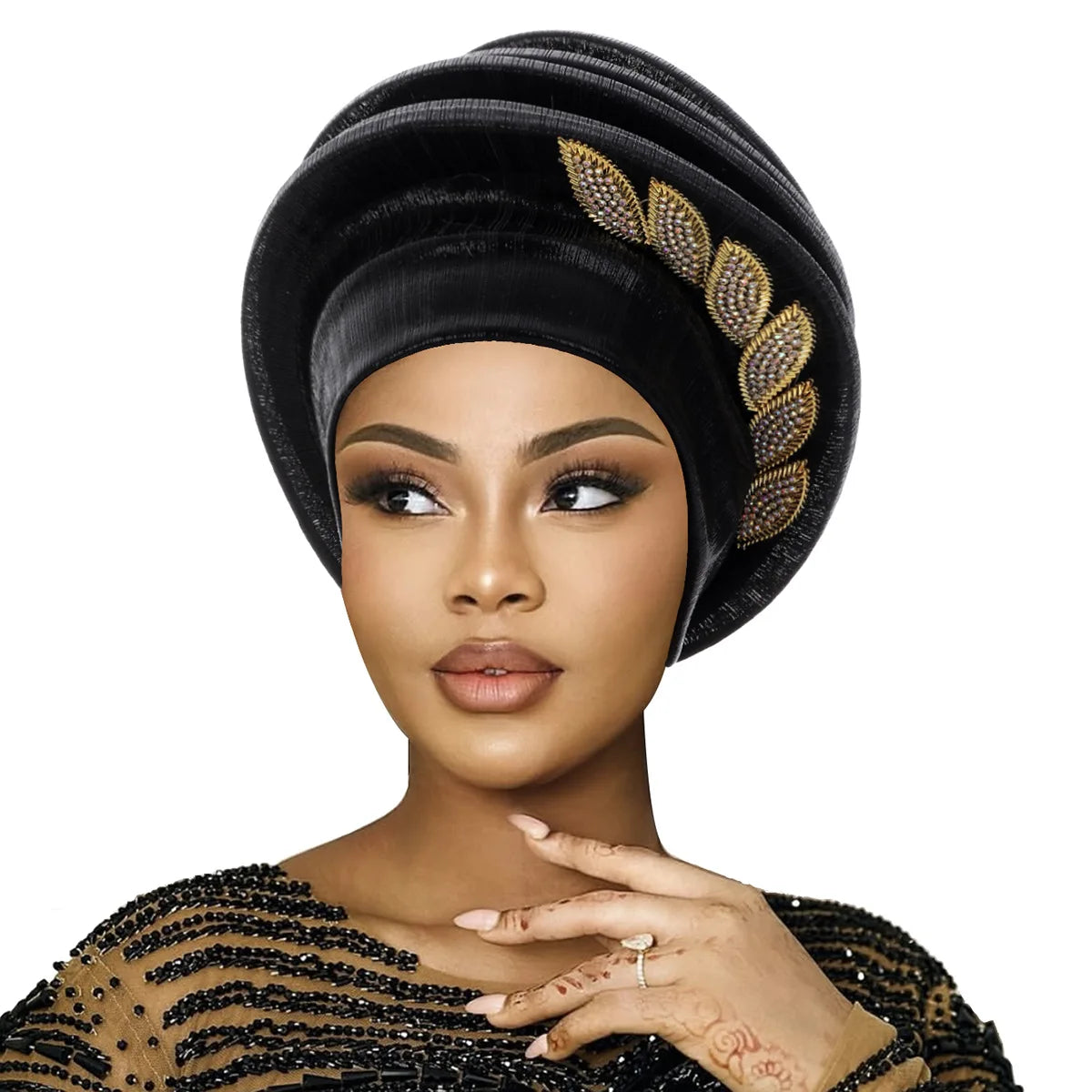 African Gele Turban – Leaves Diamond Headwrap 2026