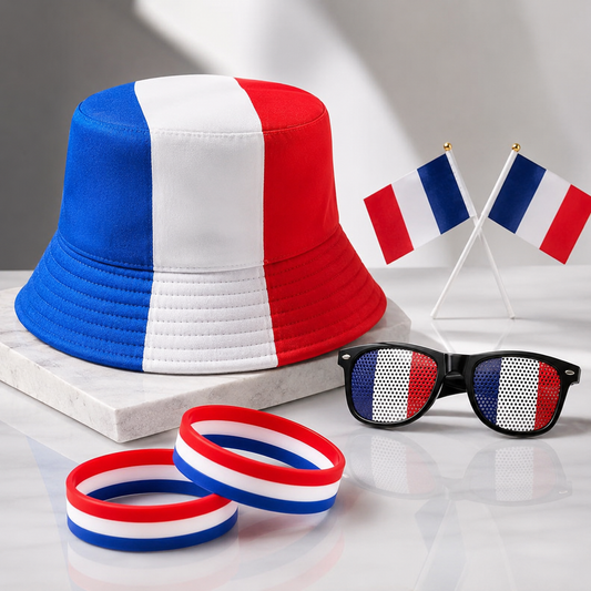 Kit Supporter France – Set 6 Pièces : 1 Bob + 2 Bracelets Drapeau Français Lunette