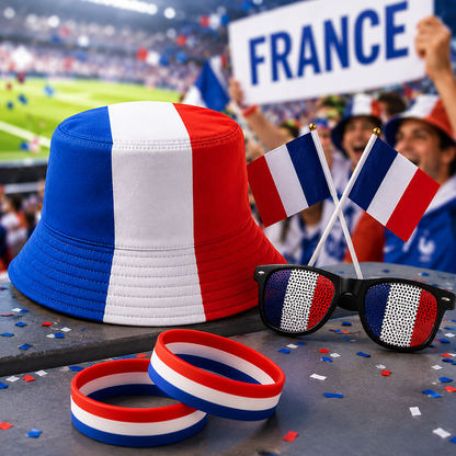 Kit Supporter France – Set 6 Pièces : 1 Bob + 2 Bracelets Drapeau Français Lunette